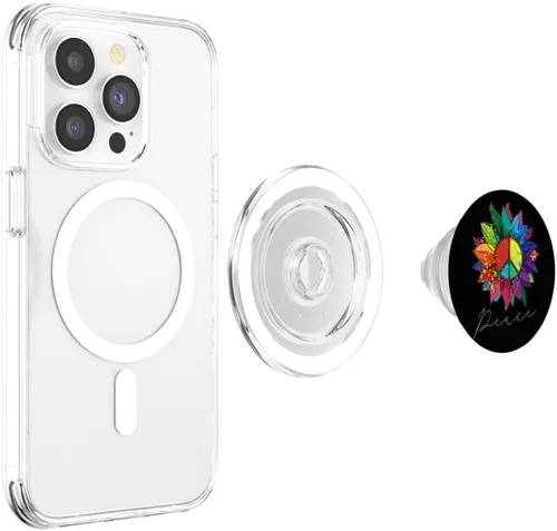Vista 4 de Cartel de paz con diseño de girasol, flor, arcoíris, hippie, años 70, PopSockets MagSafe PopGrip para iPhone