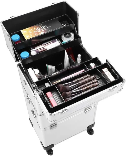 Vista 6 de Flandre Estuche de aluminio 3 en 1, organizador de cosméticos de belleza, caja de viaje de maquillaje, caja de tren con ruedas, bandejas plegables