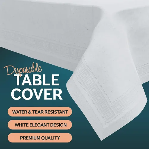 Vista 2 de Manteles de papel para mesas rectangulares 54 x 108 pulgadas – Paquete de 25 Mantel desechable de papel blanco 3 capas de papel y plástico