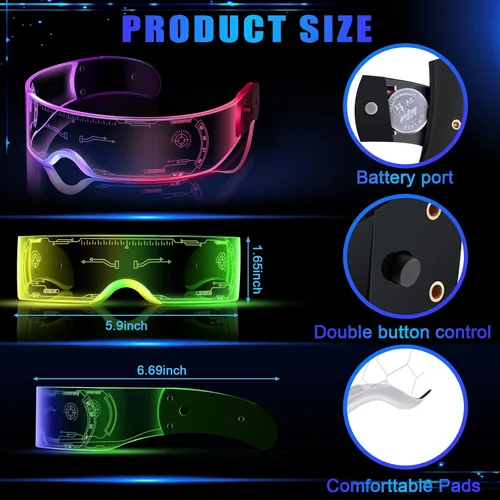 Vista 4 de HyDren 12 pares de gafas LED para visera gafas futuristas 6 modos de iluminación lentes luminosos LED de neón para hombres mujeres adultos rave