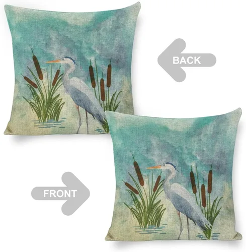 Vista 3 de Fundas de almohada decorativas de 18 x 18 pulgadas, acuarela azul garza cuadrada de lino, funda de cojín para sofá