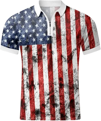 Vista 2 de Polo Shirts for Men Mens 4th of July Shirt Mens Color Block Short Sleeve Muscle Shirt Summer Casual Slim Fit Zip Up T-Shrits