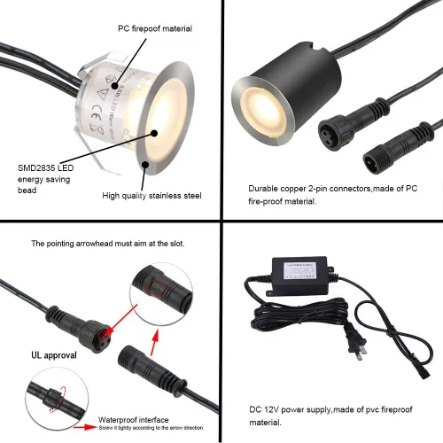 Vista 5 de SMY Lighting Paquete de 10 kits de luces LED empotrables para terraza con carcasa protectora, 32 mm, luz blanca cálida, IP67 impermeable, 12 V