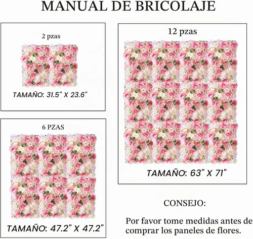 Vista 5 de NUPTIO Panel de pared de flores para telón de fondo: 12 piezas de 24 x 16 rosas artificiales blancas y rosas de imitación para decoración de bodas