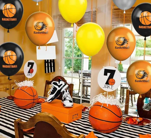 Vista 6 de Globos de baloncesto, 30 globos de látex impresos de 12 pulgadas, naranja, negro, plateado metálico y baloncesto para fiestas temáticas deportivas