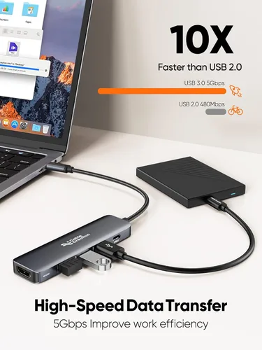 Vista 5 de Hub USB C, adaptador multipuerto USB C 5 en 1 a HDMI, 100 W PD, 3 puertos USB 3.0 para MacBook Pro, MacBook Air M1/M2, iPad Pro, Surface Pro, XPS