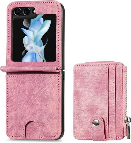 Vista 2 de Fundas para Galaxy Z Flip 5 Funda tipo cartera con tarjetero retro 2 en 1 con cremallera desmontable Flip Wallet Kickstand Premium PU Funda