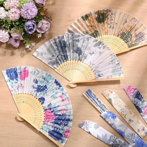 Vista 2 de Zonon 4 Pack de abanicos de mano florales plegables, abanicos de seda de bambú con borla para mujer, abanico de mano hueco plegable con funda