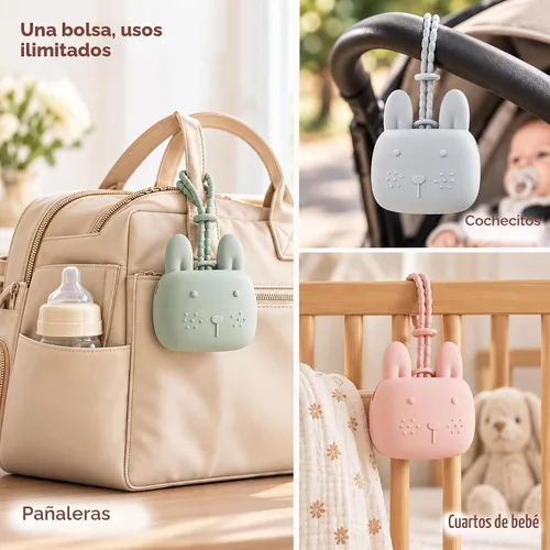 Vista 4 de ROCCED Funda de silicona para chupetes con diseño de conejito con correa de silicona suave, almacenamiento de viaje para cochecito y bolsa