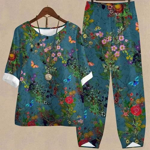 Vista 2 de Conjuntos de 2 piezas para mujer, estampado floral, media manga a juego, manga corta, conjunto de dos piezas