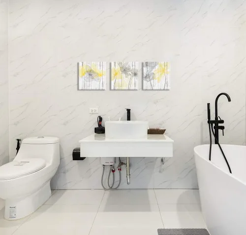Vista 7 de Zlove Decoración de baño amarilla, decoración de pared amarilla y gris, lienzo moderno, cuadros de flores para baño y dormitorio, 12 x 12 pulgadas