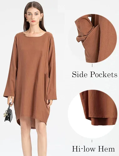 Vista 5 de Minibee Vestido tipo túnica de gran tamaño para mujer, de manga larga, holgada, con bolsillos