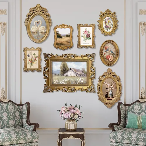 Vista 8 de XIAOAIKA Arte de pared de paisaje de granero blanco acabado a mano, impresión de escena de granja vintage con marco barroco dorado envejecido