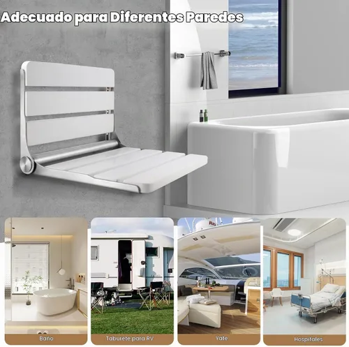 Vista 4 de Asiento de ducha plegable de teca montado en la pared, banco de ducha plegable de 16 pulgadas, carga máxima de 400 libras, diseño plegable que Blanco
