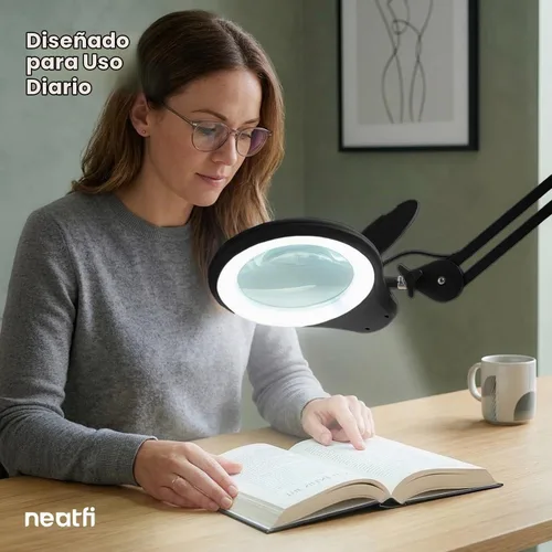 Vista 8 de Neatfi Lámpara de aumento bifocal LED de 1,200 lúmenes, lente de vidrio de 5 pulgadas, aumento doble 2.25X/6X, regulable, brazo ajustable con Negro