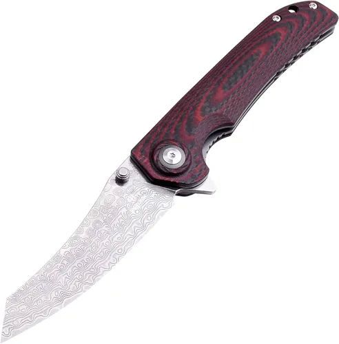 Vista 7 de SHIELDON Charkos - Cuchillo plegable VG10 Core 67 capas de acero de Damasco de 4 pulgadas, hoja de punto de caída, Scarlet G10, mango de fibra