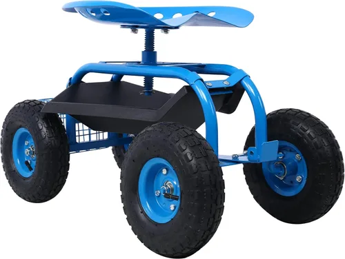 Vista 2 de Patinete con ruedas para carrito de jardín, cuenta con mango de dirección extensible, asiento giratorio y bandeja de herramientas (Azul)