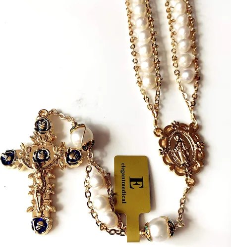 Vista 3 de elegantmedical Hecho a mano 18K chapado en oro de la escalera al cielo perla y perlas reales AAA10mm collar de crucifijo rosario católico, Perla