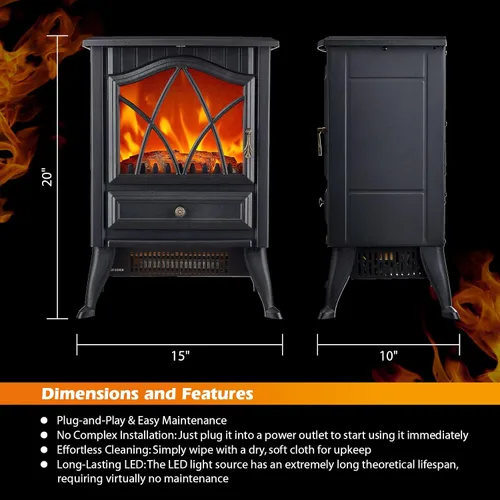 Vista 2 de Calentador eléctrico independiente para estufa de chimenea, 1500 W con efecto de llama LED 3D realista, brillo y termostato ajustables, 2 ajustes