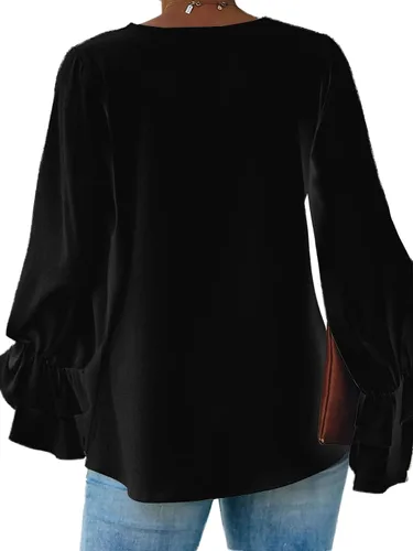 Vista 2 de LYANER - Blusa de manga larga con cuello en V y volantes escalonados para mujer, estilo túnica, estilo casual negro#