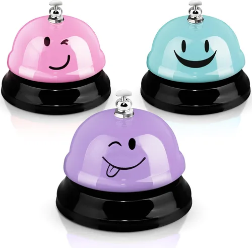Vista 7 de Hotop Campanas de escritorio de 3 piezas para servicio, divertida recepción, sonriente, timbre de metal, timbre de llamada, para cocina, hotel