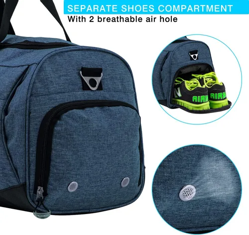 Vista 6 de Kuston Bolsa de gimnasio deportiva con compartimento para zapatos y bolsillo húmedo, bolsa de lona para gimnasio para hombres y mujeres, Azul
