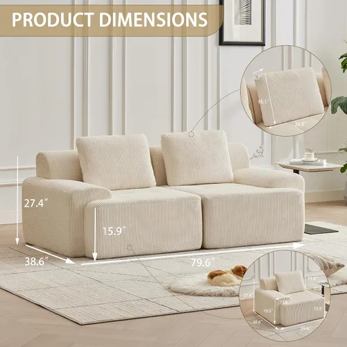 Vista 9 de Sofá modular modular con otomana móvil, sofá de asiento profundo con almohadas, cómodo sofá modular de nube para sala de estar, dormitorio y Blanco
