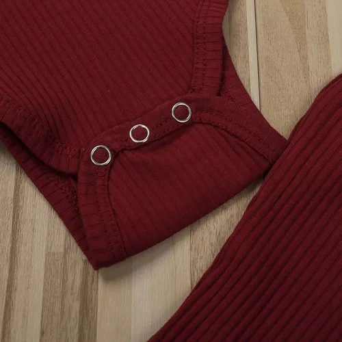 Vista 5 de Ropa para bebé y niña, acanalado, con volantes, manga larga, mameluco, pantalones acampanados, color sólido, otoño, invierno, trajes de 2 piezas