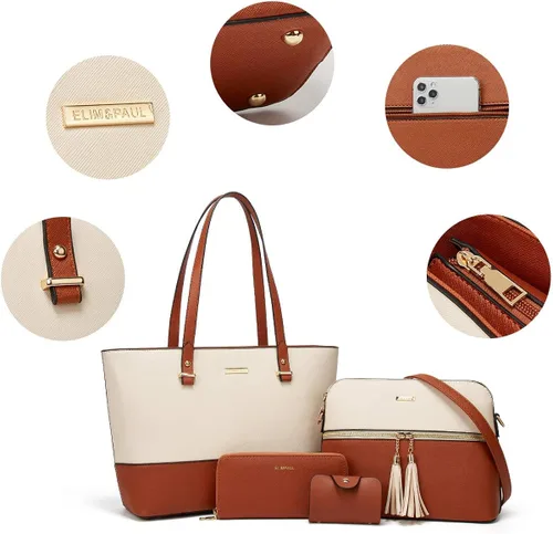 Vista 3 de Juego de 4 bolsas de cuero sintético para mujer, bolsa de hombro, asa superior, cartera