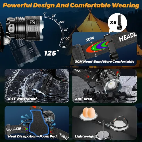 Vista 6 de 220000 Camping Headlamp and Bike Light Function 17 Modes Motion Sensor Adjustable Focus, More Than 95H Standby IP65 Waterproof, 125° Angle Head Lamp