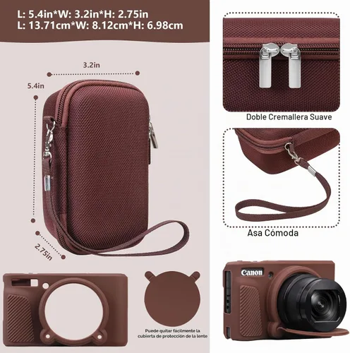Vista 3 de Funda para cámara Canon PowerShot SX740 HS, SX730 HS, color marrón 1 funda rígida + 1 funda de silicona suave, SX740, SX730, bolsa protectora