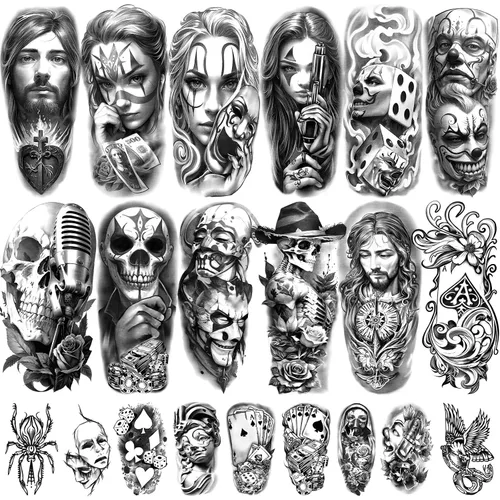 Vista 11 de 77 hojas de tatuajes temporales realistas en 3D para adultos y niños, calavera de araña, tigre, león, dragón, serpiente, tatuajes temporales