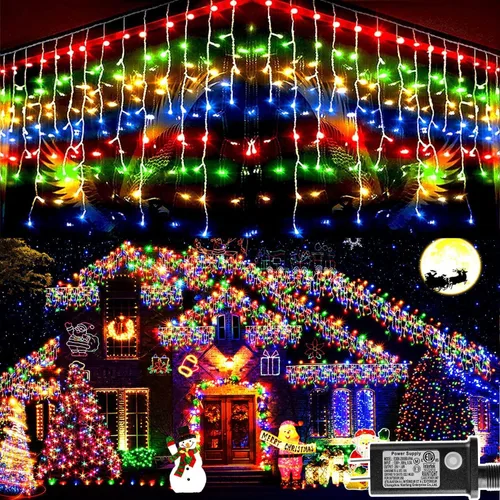 Vista 36 de Guirnalda de 400 luces LED con 75 gotas, de 33 pies, 8 modos de funcionamiento, de alambre transparente para decoración al aire libre, 400 modos