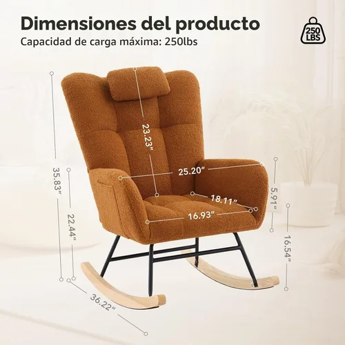 Vista 2 de Mecedora deslizadora tapizada con patas de madera para sala de estar, dormitorio, cuarto de bebé, incluye bolsillos laterales