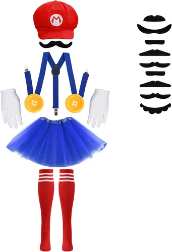 Vista 4 de Vegove Super Bros Mary & Luigi Tutu & Hat Costumes for Girls, Kids Funny Halloween Cosplay Outfits Accessories