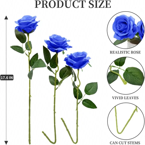 Vista 2 de 12 flores artificiales de rosas, ramo de flores artificiales de seda, rosas sintéticas con tallos, 19.7 in, rosas decorativas para bodas y Azul