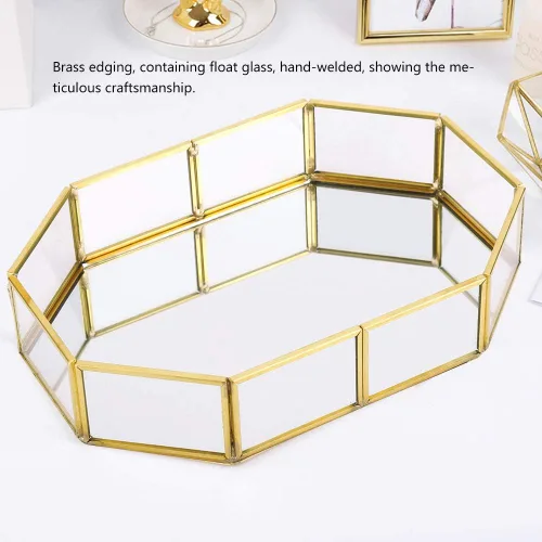 Vista 3 de Makeup Jewelry Organizer Mirrored Glass Tray, Small Size 8.1x5.6x1.7 Inch, Golden Brass Edging - Durable Material, Stylish Storage, Perfect for