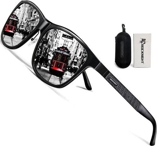 Vista 8 de ROCKNIGHT Polarized Sunglasses for Men Outdoor Use Square UV400 Al-Mg Frame Marco negro/lente negro (no espejado)