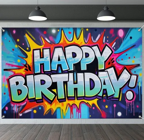 Vista 10 de IVN Pancarta de decoración de cumpleaños, graffiti, tema de galaxia, telón de fondo de 71 x 43 pulgadas con letras de burbujas blancas, estrellas