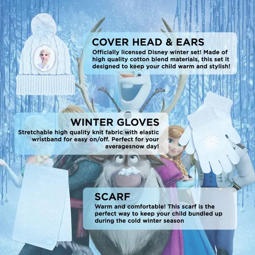 Vista 2 de Disney Frozen - Sombrero de invierno para niños, guantes de nieve y bufanda para niñas, juego de 3 piezas, felpa cálida comodidad al aire libre