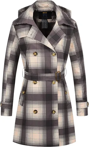 Vista 31 de CREATMO US Gabardina para mujer con doble botonadura clásica con solapa, con cinturón y capucha desmontable Albaricoque