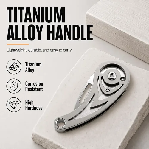 Vista 4 de Tops Home Cuchillo de Bolsillo Pequeño, Llavero de Titanio, Rellenos de Media, Pequeño Cortador de Caja, Cuchillo Utilitario EDC, Regalo de Llavero