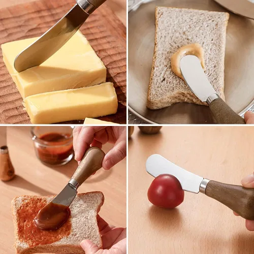 Vista 6 de Paquete de 2 cuchillos esparcidores de mantequilla de pie, cuchillos esparcidores de queso de acero inoxidable con mango de madera, cuchillos