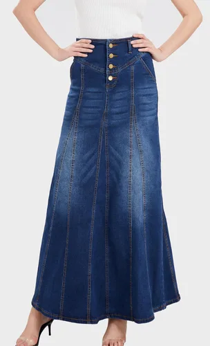 Vista 3 de CHARTOU Falda larga de mezclilla para mujer, estilo retro, con botones y vuelos a la cadera, acampanada