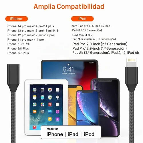 Vista 6 de Cable de extensión de cargador para iPhone, [certificado Apple MFi] Cable de nailon trenzado Lightning Extender Dock Cable macho a hembra adaptador