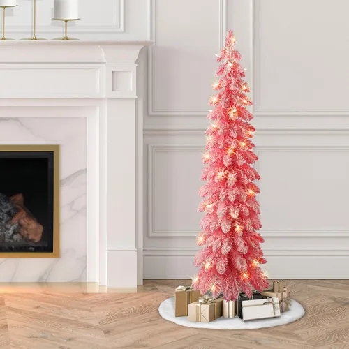 Vista 4 de Puleo International - Árbol de lápiz alpino flocado rosa preiluminado de 4 pies