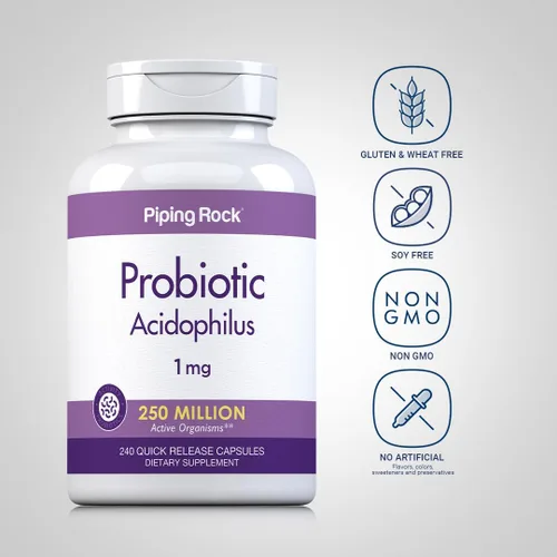 Vista 3 de Piping Rock Cápsulas probióticas de Acidophilus 240 unidades 1 mg 250 millones de UFC para hombres y mujeres Suplemento sin OMG, sin gluten
