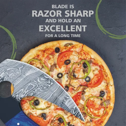 Vista 6 de Damascus Steel Alaskan Ulu con funda, cortador de pizza perfecto de 5.8 pulgadas, picador Mezzaluna para cocina, auténtico diseño esquimal inuit