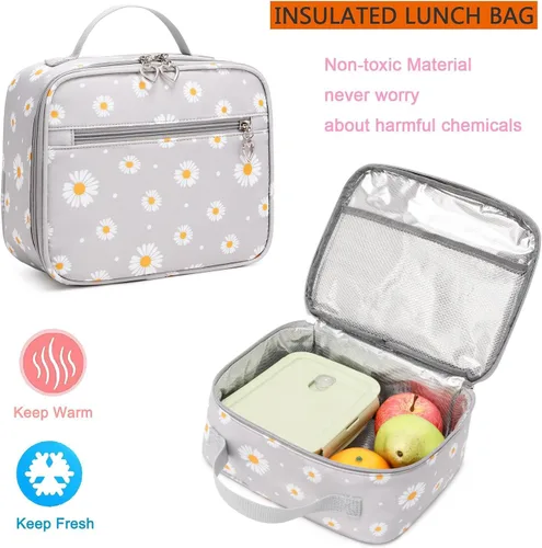 Vista 7 de Sugaroom - Mochila con estampado de margaritas con lonchera para niñas, escuela primaria, primaria, mochila para libros para adolescentes y niñas