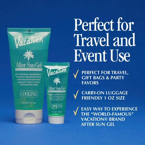 Vista 4 de VACATION Mini Gel After Sun, gel calmante de aloe vera de tamaño de viaje para aliviar quemaduras solares, hidratación y enfriamiento, cuidado